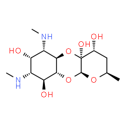 ChemSpider 2D Image | (2R,4R,4aS,5aR,6S,7S,8R,9S,9aR,10aS)-2-Methyl-6,8-bis(methylamino)octahydro-2H-pyrano[2,3-b][1,4]benzodioxine-4,4a,7,9(10aH)-tetrol | C14H26N2O7
