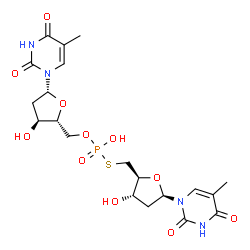 ChemSpider 2D Image | O-{[(2R,3S,5R)-3-Hydroxy-5-(5-methyl-2,4-dioxo-3,4-dihydro-1(2H)-pyrimidinyl)tetrahydro-2-furanyl]methyl} S-{[(2S,3S,5R)-3-hydroxy-5-(5-methyl-2,4-dioxo-3,4-dihydro-1(2H)-pyrimidinyl)tetrahydro-2-fura
nyl]methyl} hydrogen phosphorothioate | C20H27N4O11PS