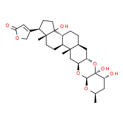 ChemSpider 2D Image | 4-[(1R,3bR,5aS,6aS,7aS,8R,10R,11aS,12aS,13aS,13bS,15aR)-3a,7a,8-Trihydroxy-10,13a,15a-trimethylicosahydro-1H,8H-cyclopenta[7,8]phenanthro[2,3-b]pyrano[2,3-e][1,4]dioxin-1-yl]-2(5H)-furanone | C29H42O8