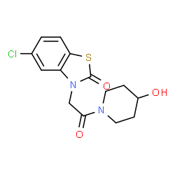 ChemSpider 2D Image | 4-Piperidinol, 1-((5-chloro-2-oxo-3(2H)-benzothiazolyl)acetyl)- | C14H15ClN2O3S