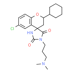 ChemSpider 2D Image | 6-Chloro-2-cyclohexyl-1'-[3-(dimethylamino)propyl]-2,3-dihydro-2'H,5'H-spiro[chromene-4,4'-imidazolidine]-2',5'-dione | C22H30ClN3O3