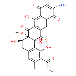ChemSpider 2D Image | Methyl (6R,6aS,14aR)-11-amino-1,6,8,14a-tetrahydroxy-6a-methoxy-3-methyl-7,9,12,14-tetraoxo-5,6,6a,7,9,12,14,14a-octahydrobenzo[a]tetracene-2-carboxylate | C26H21NO11