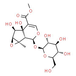 ChemSpider 2D Image | Methyl (1aR,1bS,2S,5aR,6R,6aS)-2-(beta-D-glucopyranosyloxy)-5a,6-dihydroxy-1a-methyl-1a,1b,2,5a,6,6a-hexahydrooxireno[4,5]cyclopenta[1,2-c]pyran-5-carboxylate | C17H24O12