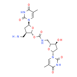 ChemSpider 2D Image | 5'-[({[(2R,3R,5S)-3-(Aminomethyl)-5-(5-methyl-2,4-dioxo-3,4-dihydro-1(2H)-pyrimidinyl)tetrahydro-2-furanyl]oxy}carbonyl)amino]-5'-deoxythymidine | C21H28N6O9