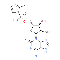 ChemSpider 2D Image | 6-Amino-3-{5-O-[hydroxy(2-methyl-1H-imidazol-1-yl)phosphoryl]-beta-D-ribofuranosyl}-3,7-dihydro-2H-purin-2-one | C14H18N7O7P