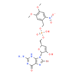 ChemSpider 2D Image | [(2S,5R)-5-(2-Amino-8-bromo-6-oxo-3,6-dihydro-9H-purin-9-yl)-4-hydroxy-2,5-dihydro-2-furanyl]methyl 4,5-dimethoxy-2-nitrobenzyl hydrogen phosphate | C19H20BrN6O11P