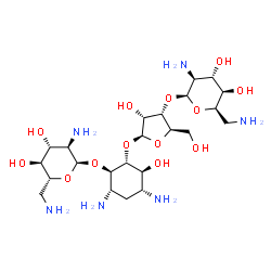 ChemSpider 2D Image | (1R,2R,3S,4R,6S)-4,6-Diamino-2-{[3-O-(2,6-diamino-2,6-dideoxy-beta-D-idopyranosyl)-beta-D-ribofuranosyl]oxy}-3-hydroxycyclohexyl 2,6-diamino-2,6-dideoxy-alpha-D-glucopyranoside | C23H46N6O13