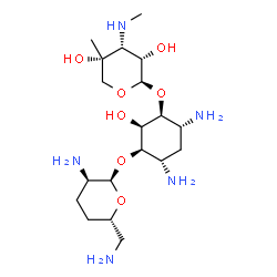 ChemSpider 2D Image | (1R,2R,3S,4R,6S)-4,6-Diamino-3-{[3-deoxy-4-C-methyl-3-(methylamino)-beta-L-ribopyranosyl]oxy}-2-hydroxycyclohexyl 2,6-diamino-2,3,4,6-tetradeoxy-alpha-D-erythro-hexopyranoside | C19H39N5O7