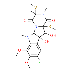 ChemSpider 2D Image | 2H-Pyrazino(1',2':1,5)pyrrolo(2,3-b)indole-1,4(3H,5aH)-dione, 9-chloro-6,10b,11,11a-tetrahydro-10b,11-dihydroxy-7,8-dimethoxy-2,3,6-trimethyl-3,11a-bis(methylthio)- | C20H26ClN3O6S2