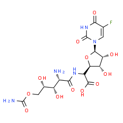 ChemSpider 2D Image | (2S)-{[(2S,3S,4S)-2-Amino-5-(carbamoyloxy)-3,4-dihydroxypentanoyl]amino}[(2R,3S,4R,5R)-5-(5-fluoro-2,4-dioxo-3,4-dihydro-1(2H)-pyrimidinyl)-3,4-dihydroxytetrahydro-2-furanyl]acetic acid (non-preferred
 name) | C16H22FN5O12