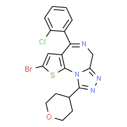 ChemSpider 2D Image | 2-Bromo-4-(2-chlorophenyl)-9-(tetrahydro-2H-pyran-4-yl)-6H-thieno[3,2-f][1,2,4]triazolo[4,3-a][1,4]diazepine | C19H16BrClN4OS
