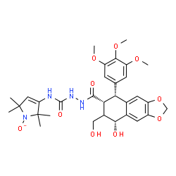 ChemSpider 2D Image | 3-{[(2-{[(5R,6R,8R)-8-Hydroxy-7-(hydroxymethyl)-5-(3,4,5-trimethoxyphenyl)-5,6,7,8-tetrahydronaphtho[2,3-d][1,3]dioxol-6-yl]carbonyl}hydrazino)carbonyl]amino}-2,2,5,5-tetramethyl-2,5-dihydro-1H-pyrrol
-1-olate | C31H39N4O10