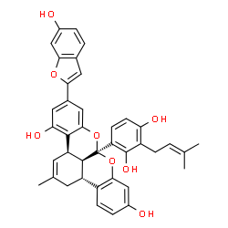 ChemSpider 2D Image | (3aR,8aS,13bR,13cS)-8a-[2,4-Dihydroxy-3-(3-methyl-2-buten-1-yl)phenyl]-6-(6-hydroxy-1-benzofuran-2-yl)-2-methyl-1,8a,13b,13c-tetrahydro-3aH-benzo[3,4]isochromeno[1,8-bc]chromene-4,11-diol | C39H34O8