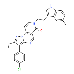 ChemSpider 2D Image | 3-(4-Chlorophenyl)-2-ethyl-7-[2-(5-methyl-1H-indol-3-yl)ethyl]pyrazolo[1,5-a]pyrido[3,4-e]pyrimidin-6(7H)-one | C28H24ClN5O