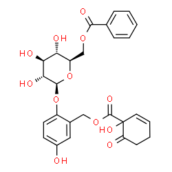 ChemSpider 2D Image | 2-[(6-O-Benzoyl-beta-D-glucopyranosyl)oxy]-5-hydroxybenzyl 1-hydroxy-6-oxo-2-cyclohexene-1-carboxylate | C27H28O12