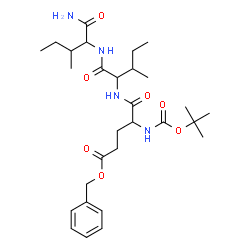 ChemSpider 2D Image | Benzyl 5-({1-[(1-amino-3-methyl-1-oxo-2-pentanyl)amino]-3-methyl-1-oxo-2-pentanyl}amino)-4-({[(2-methyl-2-propanyl)oxy]carbonyl}amino)-5-oxopentanoate | C29H46N4O7