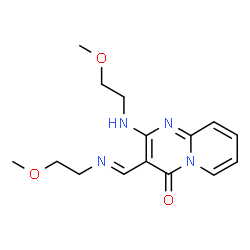 ChemSpider 2D Image | 2-[(2-Methoxyethyl)amino]-3-{(E)-[(2-methoxyethyl)imino]methyl}-4H-pyrido[1,2-a]pyrimidin-4-one | C15H20N4O3