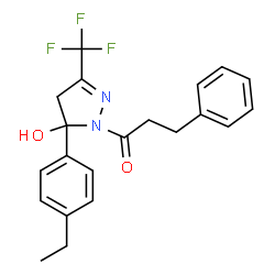 ChemSpider 2D Image | 1-[5-(4-Ethylphenyl)-5-hydroxy-3-(trifluoromethyl)-4,5-dihydro-1H-pyrazol-1-yl]-3-phenyl-1-propanone | C21H21F3N2O2