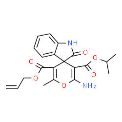 ChemSpider 2D Image | 5'-Allyl 3'-isopropyl 2'-amino-6'-methyl-2-oxo-1,2-dihydrospiro[indole-3,4'-pyran]-3',5'-dicarboxylate | C21H22N2O6