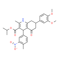ChemSpider 2D Image | Isopropyl 7-(3,4-dimethoxyphenyl)-2-methyl-4-(4-methyl-3-nitrophenyl)-5-oxo-1,4,5,6,7,8-hexahydro-3-quinolinecarboxylate | C29H32N2O7