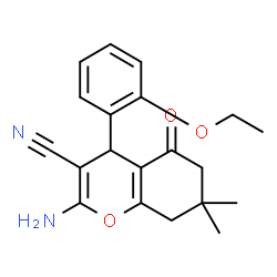 ChemSpider 2D Image | 2-amino-4-(2-ethoxyphenyl)-7,7-dimethyl-5-oxo-6,8-dihydro-4H-chromene-3-carbonitrile | C20H22N2O3