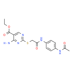 ChemSpider 2D Image | Ethyl 2-({2-[(4-acetamidophenyl)amino]-2-oxoethyl}sulfanyl)-4-amino-5-pyrimidinecarboxylate | C17H19N5O4S