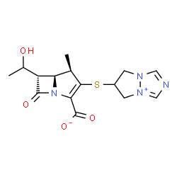 ChemSpider 2D Image | (4R,5S,6S)-3-(6,7-Dihydro-5H-pyrazolo[1,2-a][1,2,4]triazol-4-ium-6-ylsulfanyl)-6-(1-hydroxyethyl)-4-methyl-7-oxo-1-azabicyclo[3.2.0]hept-2-ene-2-carboxylate | C15H18N4O4S