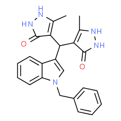 ChemSpider 2D Image | 4,4'-[(1-Benzyl-1H-indol-3-yl)methylene]bis(3-methyl-1H-pyrazol-5-ol) | C24H23N5O2