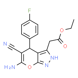 ChemSpider 2D Image | Ethyl [6-amino-5-cyano-4-(4-fluorophenyl)-2,4-dihydropyrano[2,3-c]pyrazol-3-yl]acetate | C17H15FN4O3