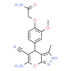 ChemSpider 2D Image | 2-[4-(6-Amino-5-cyano-3-methyl-2,4-dihydropyrano[2,3-c]pyrazol-4-yl)-2-methoxyphenoxy]acetamide | C17H17N5O4