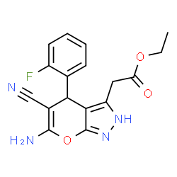 ChemSpider 2D Image | Ethyl [6-amino-5-cyano-4-(2-fluorophenyl)-2,4-dihydropyrano[2,3-c]pyrazol-3-yl]acetate | C17H15FN4O3