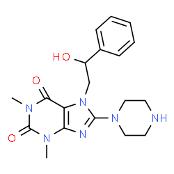 ChemSpider 2D Image | 7-(2-Hydroxy-2-phenylethyl)-1,3-dimethyl-8-(1-piperazinyl)-3,7-dihydro-1H-purine-2,6-dione | C19H24N6O3