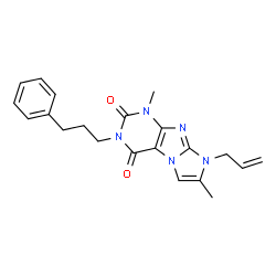 ChemSpider 2D Image | 8-Allyl-1,7-dimethyl-3-(3-phenyl-propyl)-1H,8H-imidazo[2,1-f]purine-2,4-dione | C21H23N5O2