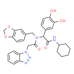 ChemSpider 2D Image | N-(1,3-Benzodioxol-5-ylmethyl)-2-(1H-benzotriazol-1-yl)-N-[2-(cyclohexylamino)-1-(3,4-dihydroxyphenyl)-2-oxoethyl]acetamide | C30H31N5O6
