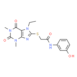ChemSpider 2D Image | 2-[(7-Ethyl-1,3-dimethyl-2,6-dioxo-2,3,6,7-tetrahydro-1H-purin-8-yl)sulfanyl]-N-(3-hydroxyphenyl)acetamide | C17H19N5O4S