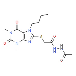 ChemSpider 2D Image | N'-Acetyl-2-[(7-butyl-1,3-dimethyl-2,6-dioxo-2,3,6,7-tetrahydro-1H-purin-8-yl)sulfanyl]acetohydrazide | C15H22N6O4S