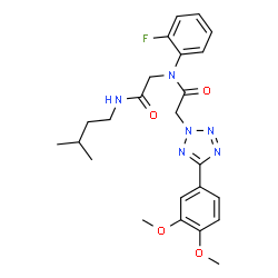 ChemSpider 2D Image | N~2~-{[5-(3,4-Dimethoxyphenyl)-2H-tetrazol-2-yl]acetyl}-N~2~-(2-fluorophenyl)-N-(3-methylbutyl)glycinamide | C24H29FN6O4