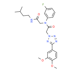ChemSpider 2D Image | N~2~-{[5-(3,4-Dimethoxyphenyl)-2H-tetrazol-2-yl]acetyl}-N~2~-(3-fluorophenyl)-N-(3-methylbutyl)glycinamide | C24H29FN6O4