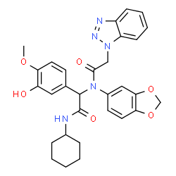ChemSpider 2D Image | N-(1,3-Benzodioxol-5-yl)-2-(1H-benzotriazol-1-yl)-N-[2-(cyclohexylamino)-1-(3-hydroxy-4-methoxyphenyl)-2-oxoethyl]acetamide | C30H31N5O6