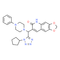 ChemSpider 2D Image | 7-[(1-Cyclopentyl-1H-tetrazol-5-yl)(4-phenyl-1-piperazinyl)methyl][1,3]dioxolo[4,5-g]quinolin-6(5H)-one | C27H29N7O3
