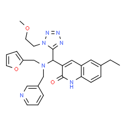 ChemSpider 2D Image | 6-Ethyl-3-{[(2-furylmethyl)(3-pyridinylmethyl)amino][1-(2-methoxyethyl)-1H-tetrazol-5-yl]methyl}-2(1H)-quinolinone | C27H29N7O3