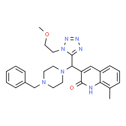 ChemSpider 2D Image | 3-{(4-Benzyl-1-piperazinyl)[1-(2-methoxyethyl)-1H-tetrazol-5-yl]methyl}-8-methyl-2(1H)-quinolinone | C26H31N7O2