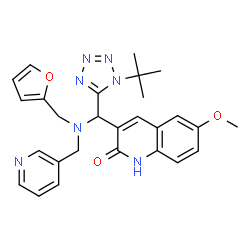 ChemSpider 2D Image | 3-{[(2-Furylmethyl)(3-pyridinylmethyl)amino][1-(2-methyl-2-propanyl)-1H-tetrazol-5-yl]methyl}-6-methoxy-2(1H)-quinolinone | C27H29N7O3