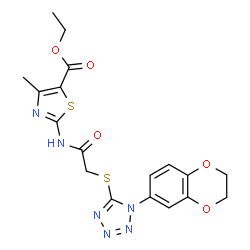 ChemSpider 2D Image | Ethyl 2-[({[1-(2,3-dihydro-1,4-benzodioxin-6-yl)-1H-tetrazol-5-yl]sulfanyl}acetyl)amino]-4-methyl-1,3-thiazole-5-carboxylate | C18H18N6O5S2