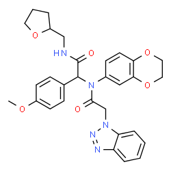 ChemSpider 2D Image | 2-(1H-Benzotriazol-1-yl)-N-(2,3-dihydro-1,4-benzodioxin-6-yl)-N-{1-(4-methoxyphenyl)-2-oxo-2-[(tetrahydro-2-furanylmethyl)amino]ethyl}acetamide | C30H31N5O6