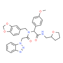ChemSpider 2D Image | N-(1,3-Benzodioxol-5-ylmethyl)-2-(1H-benzotriazol-1-yl)-N-{1-(4-methoxyphenyl)-2-oxo-2-[(tetrahydro-2-furanylmethyl)amino]ethyl}acetamide | C30H31N5O6