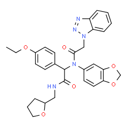 ChemSpider 2D Image | N-(1,3-Benzodioxol-5-yl)-2-(1H-benzotriazol-1-yl)-N-{1-(4-ethoxyphenyl)-2-oxo-2-[(tetrahydro-2-furanylmethyl)amino]ethyl}acetamide | C30H31N5O6