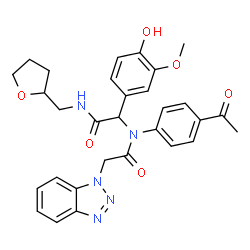 ChemSpider 2D Image | N-(4-Acetylphenyl)-2-(1H-benzotriazol-1-yl)-N-{1-(4-hydroxy-3-methoxyphenyl)-2-oxo-2-[(tetrahydro-2-furanylmethyl)amino]ethyl}acetamide | C30H31N5O6