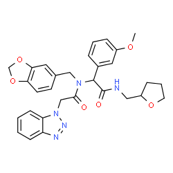 ChemSpider 2D Image | N-(1,3-Benzodioxol-5-ylmethyl)-2-(1H-benzotriazol-1-yl)-N-{1-(3-methoxyphenyl)-2-oxo-2-[(tetrahydro-2-furanylmethyl)amino]ethyl}acetamide | C30H31N5O6
