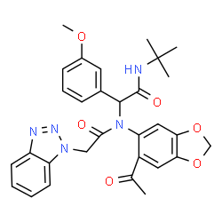 ChemSpider 2D Image | N-(6-Acetyl-1,3-benzodioxol-5-yl)-2-(1H-benzotriazol-1-yl)-N-{1-(3-methoxyphenyl)-2-[(2-methyl-2-propanyl)amino]-2-oxoethyl}acetamide | C30H31N5O6